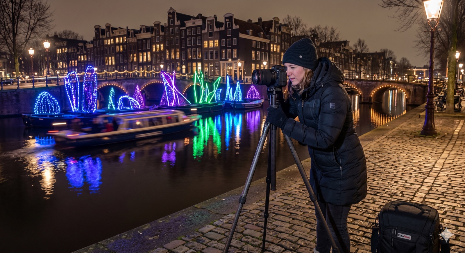 Photographer shooting Amsterdam canal houses at dusk during the Amsterdam Light Festival