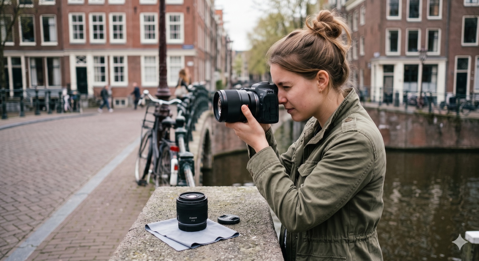Portrait photographer with a Canon EOS R5 shooting beside an Amsterdam canal with a second RF lens on the ledge