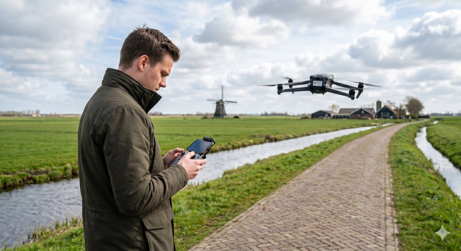Drone operator flying a DJI Mavic over Dutch polders with a traditional windmill and farmhouse in view